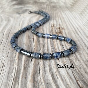 Men's Blue Spot Jasper Necklace, Men's Beaded Necklace, Hematite Necklace, Choker Necklace, Surfer Necklace