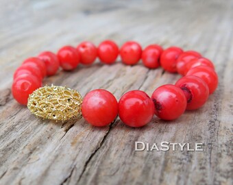 Pink Coral Bracelet: 18k Gold Plated Bead, Natural Stone Jewelry