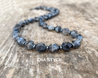 Larvikite and Hematite Men's Beaded Necklace: Gunmetal Clasp