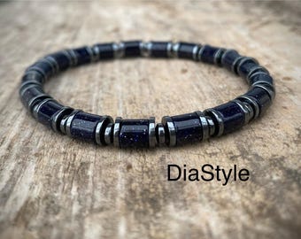 Men's Blue Sandstone & Hematite Beaded Bracelet