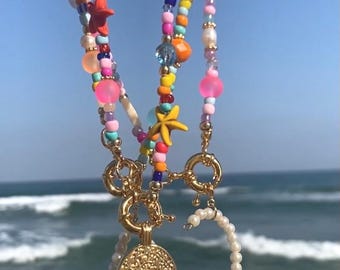Beaded Fish Necklace, Summer Beach Jewelry, Glass Pearls Gold Tone Clasp