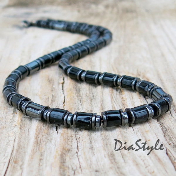 Men's Black Onyx Necklace, Men's Beaded Necklace, Black Onyx Jewelry, Hematite Necklace, Choker Necklace, Surfer Necklace, Necklace for Men