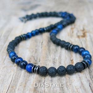 Herenketting zwarte lavasteen, herenblauwe tijgeroogketting, herenkralenketting, hematietketting, chokerketting, surferketting