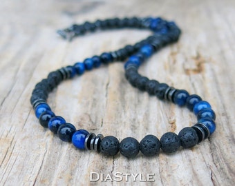 Mens Black Lava Stone Necklace, Mens Blue Tiger Eye Necklace, Mens Beaded Necklace, Hematite Necklace, Choker Necklace, Surfer Necklace