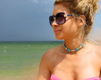 Gold & Blue Cowrie Shell Necklace: Natural Beach Jewelry