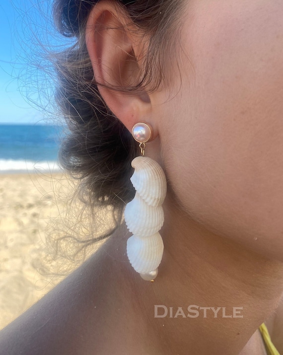 Gold Dangling Pearl Shell Earrings: Natural Beach Jewelry