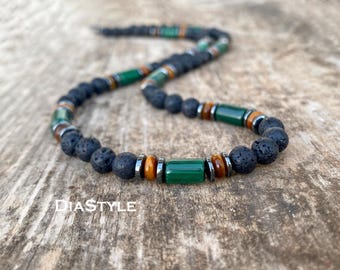 Men's Black Lava Stone Necklace: Malachite, Tiger Eye & Hematite Beads