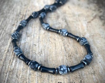 Black Obsidian & Snowflake Obsidian Gemstone Necklace - Handmade Boho Men's Jewelry