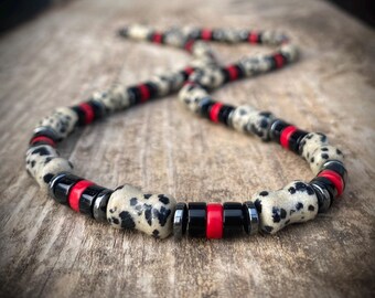 Dalmatian Jasper & Onyx Beaded Choker - Men's Bohemian Necklace