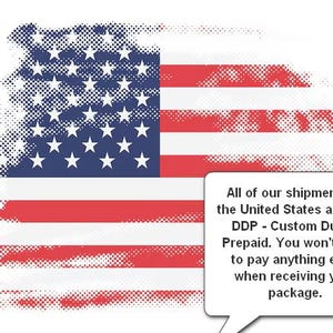 May include: Distressed American flag design with red and white stripes and a blue field of white stars. A speech bubble contains text about shipments to the United States.