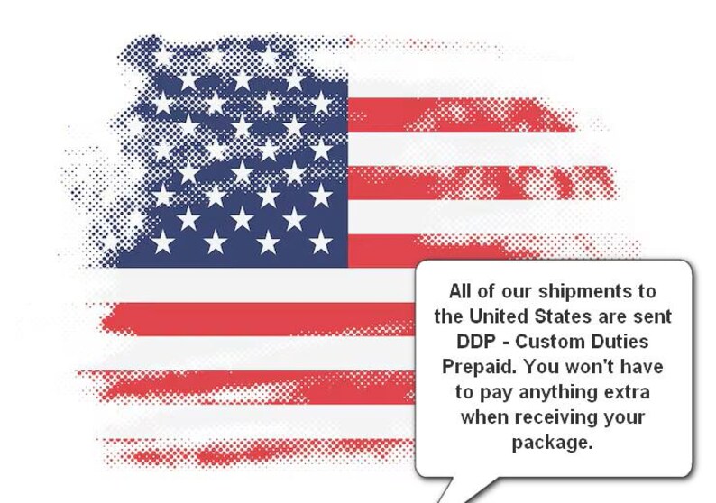 May include: Distressed American flag design with red and white stripes and a blue field of white stars. A speech bubble contains text about shipments to the United States.