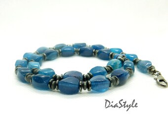 Collier Vintage Hématites Et Perles Bleues - Occasion - Bijou Doré Et Pierres Naturelles