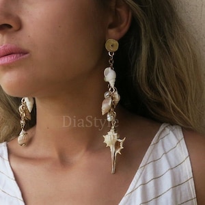 Gold Аsymmetric Shell Earrings, Gold Dangling Earrings, Seashell Earrings, Natural Shell Earrings, Beach Earrings