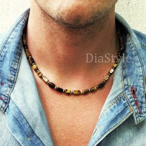 Mens Tiger Eye Necklace, Mens Beaded Necklace, Gemstone Necklace, Choker Necklace, Mens Beaded Jewelry, Natural Stone Necklace