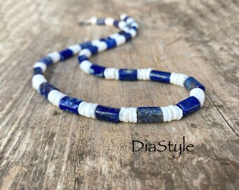 Men Lapis Lazuli Necklace, White Puka Shell Heishi Necklace,  Lapis Lazuli Choker, Surfer Necklace, Bohemian Jewelry