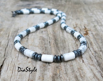 Mens Howlite Hematite Beaded Choker Necklace: Gift for Him