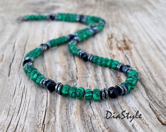 Green Malachite Necklace, Men's Onyx Necklace, Men's Green Malachite Necklace, Men's Beaded Jewelry, Men's Beaded Necklace