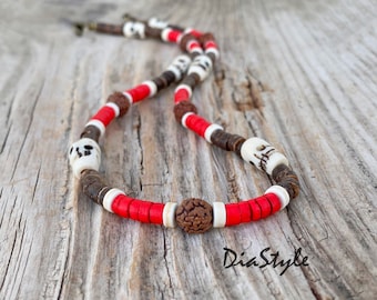 Men's Boho Necklace, Skull Bone Necklace, Coconut Necklace, Men's Tribal Necklace, Men's Rudraksha Necklace, Surfer Choker, Bohemian Jewelry