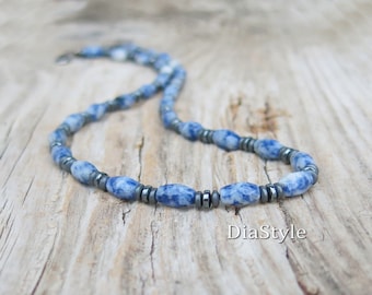 Men's Blue Spot Jasper Necklace, Men's Beaded Necklace, Hematite Necklace, Choker Necklace, Surfer Necklace, Blue Spot Jasper Jewelry