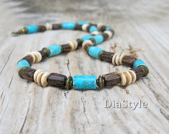 Men's Blue Imperial Jasper Necklace, Men's Coconut Necklace, Men's Bone Necklace, Men's Beaded Necklace, Surfer Necklace, Choker Necklace