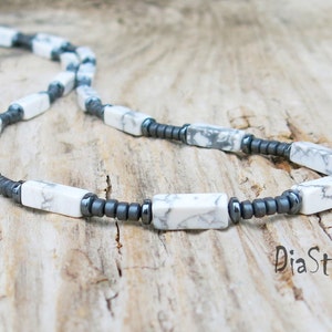 Weiße Howlith Herren Halskette, Perlen Halskette Herren, Edelstein Halskette, Choker Halskette, Perlen Schmuck Herren, Surfer Kette