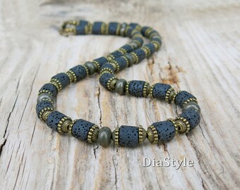 Men's Black Lava Stone Necklace, Men's Lava Stone Necklace, Men's Beaded Necklace, Antique Brass Necklace, Choker Necklace, Surfer Necklace