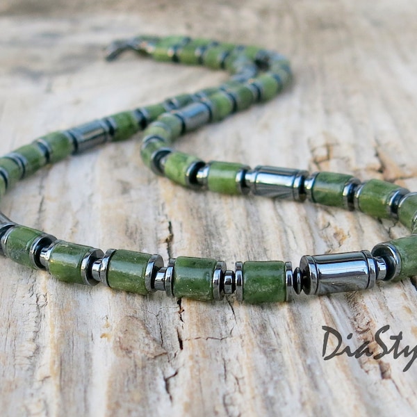 Men's Green Taiwan Jade Necklace, Men's Beaded Necklace, Hematite Necklace, Bohemian Jewelry, Choker Necklace, Surfer Necklace