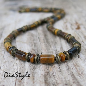 Men's Tiger Eye Necklace, Mens Beaded Necklace, Gemstone Necklace, Choker Necklace, Mens Beaded Jewelry, , Tiger Eye Jewelry