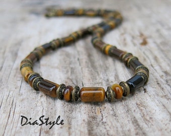 Men&#39;s Tiger Eye Necklace, Mens Beaded Necklace, Gemstone Necklace, Choker Necklace, Mens Beaded Jewelry, , Tiger Eye Jewelry
