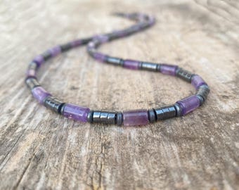 Men's Amethyst Hematite Choker – Boho Beaded Necklace