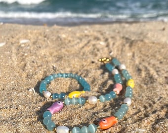 Light Blue Cat Eye Fish Pearl Necklace Bracelet Set, 18k Gold Plated Beads