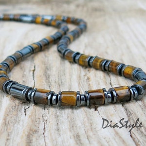 Heren tijgeroogketting, herenkralenketting, hematietketting, chokerketting, surferketting