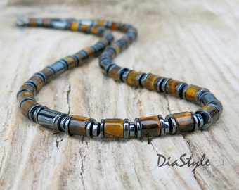 Mens Tiger Eye Necklace, Mens Beaded Necklace, Hematite Necklace, Choker Necklace, Surfer Necklace