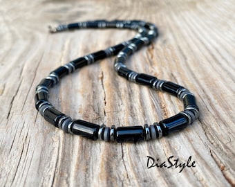 Men's Black Agate Necklace, Men's Beaded Necklace, Hematite Necklace, Choker Necklace, Surfer Necklace