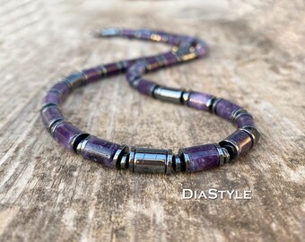 Men's Lepidolite & Hematite Beaded Necklace: Bohemian Surfer Style
