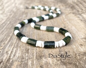 Men Green Jade Necklace, Canadian Nephrite Jade Necklace, White Puka Shell Heishi Necklace, Surfer Necklace, Bohemian Jewelry