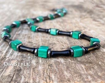 Black Obsidian & Green Malachite Mens Beaded Necklace
