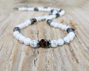 Men's White Howlite Necklace, Men's Garnet Necklace, Men's Hematite Necklace, Men's Beaded Necklace, Surfer Necklace, Men's Jewelry