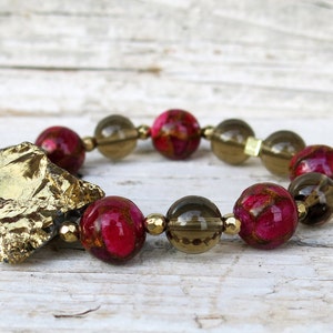 Gold Quartz Beaded Bracelet, Burgundy and Gold Bracelet, Raw Natural Stones Bracelet, Smoky Quartz Bracelet, Bohemian Jewelry