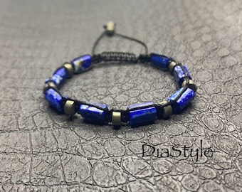 Lapis Lazuli Pyrite Beaded Bracelet, Men's Adjustable Protection Jewelry