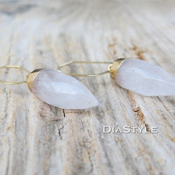 Boucles d’oreilles en cristal de quartz naturel, boucles d’oreilles en cerceau d’or, boucles d’oreilles en cristal, boucles d’oreilles Dangles et gouttes, bijoux en cristal, boucles d’oreilles en laiton doré