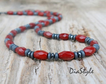 Men's Red Jasper Necklace, Men's Beaded Necklace, Gemstone Necklace, Choker Necklace, Men's Beaded Jewelry, Necklace for Men, Gift for Him