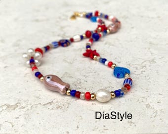 Beaded Fish Necklace, Summer Beach Jewelry, Glass Pearls Gold Tone Clasp