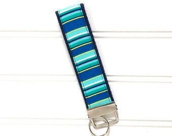Striped key fob wristlet, Blue and aqua Key fob wristlet, Striped keychain, Striped key fob