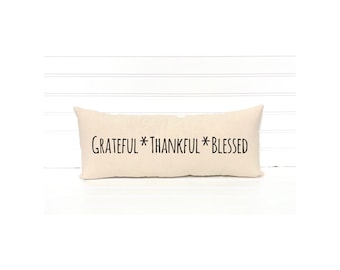 Grateful Thankful Blessed Pillow, Autumn pillow, Fall pillow, Printed Lumbar pillow, gratitude pillow, bench pillow
