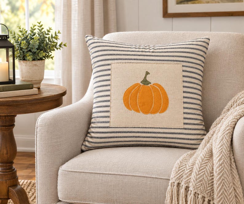 Puede incluir: Un coj&iacute;n cuadrado con un patr&oacute;n de rayas horizontales en azul marino y blanco. El centro del coj&iacute;n tiene un parche cuadrado de tela beige con un dise&ntilde;o de calabaza naranja bordada que incluye un peque&ntilde;o tallo verde en la parte superior.