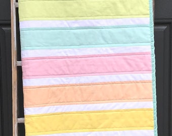 Modern baby girl blanket, pastel baby quilt, pink Minky bedding, striped baby quilt, baby girl quilt, modern nursery bedding, spring baby