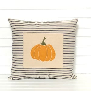 Fall pillow, Autumn pillow, Fall appliqué pillow, Wool appliqué pillow, Fall farmhouse pillow, ticking pillow, Appliqué pillow, pumpkin