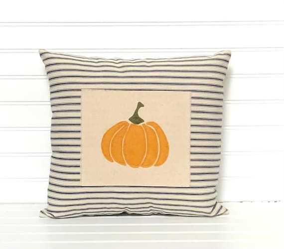 Fall pillow, Autumn pillow, Fall appliqué pillow, Wool appliqué pillow, Fall farmhouse pillow, ticking pillow, Appliqué pillow, pumpkin