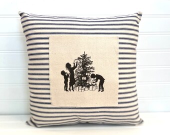 Tree Pillow, vintage Christmas, decorating the tree, Christmas farmhouse, navy striped, vintage holiday pillow, Two colors available!